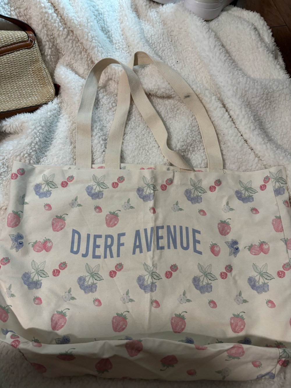 Djerf Avenue Cream Canvas Tote with Pink Strawberries & Lavender Blooms
